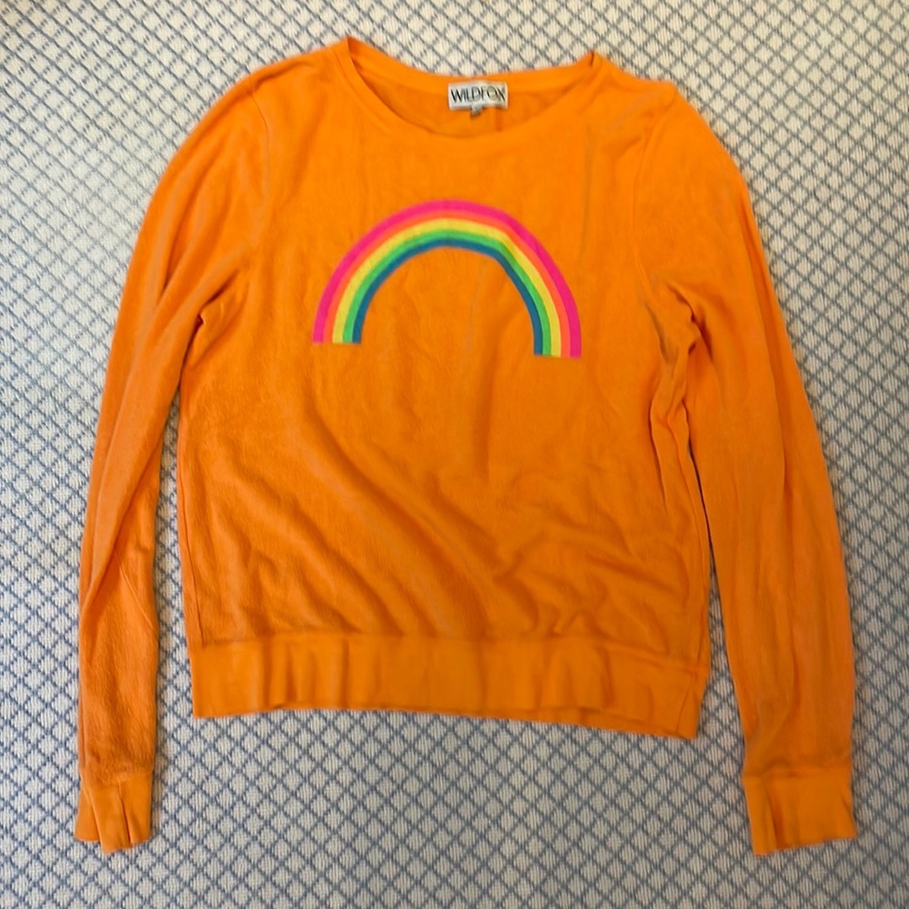 Wildfox Couture orange cozy long sleeve tee with rainbow detail